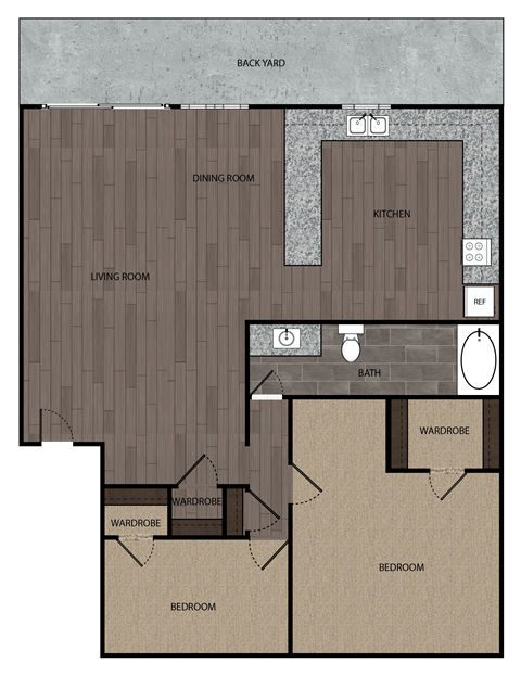 Floor plan for 2 beds, 1 bath, 675 sqft